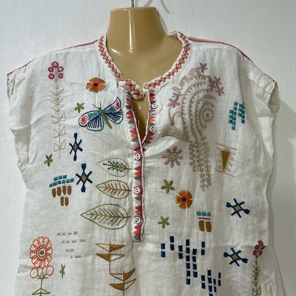 JOHNNY  WAS WOMEN EMBROIDERED BIYA LINEN TUNIC SHIFT DRESS WHITE SLEEVELESS Sz S - Picture 5 of 14